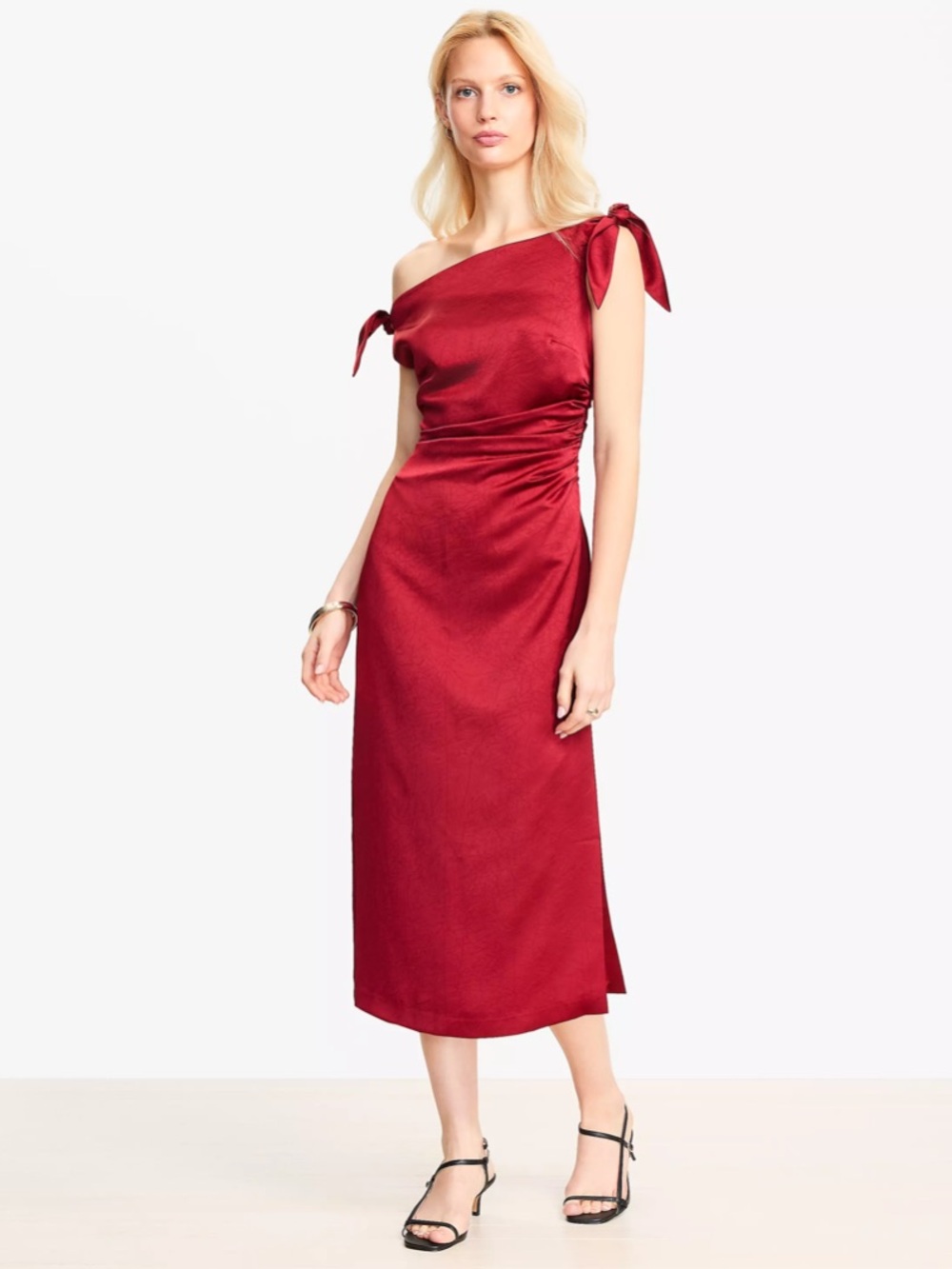 LOFT Red One-Shoulder Satin Tie Midi Dress